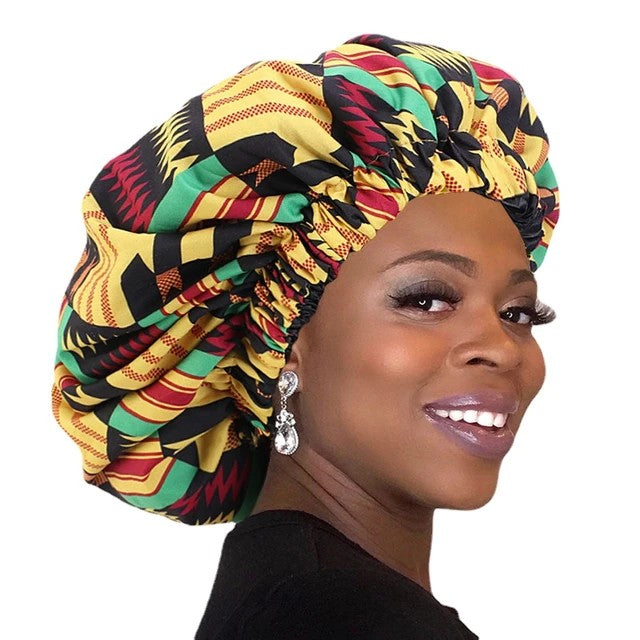 African Ankara Pattern Satin Lined Bonnet Women Extra large